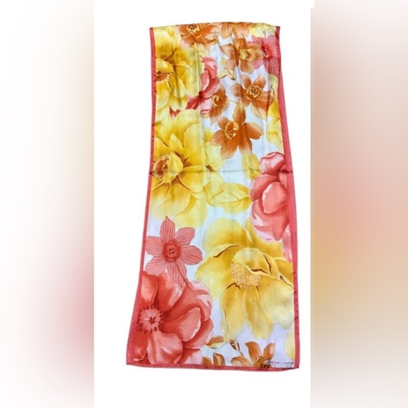Adrienne Landau Floral Yellow Red 100% Silk Long Scarf - Picture 3 of 6